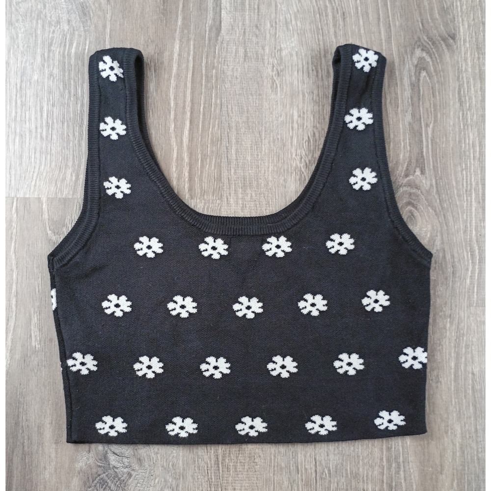 Garage XS Womens Tank Top Crop Black Flower Scoop Neck Preppy Thick